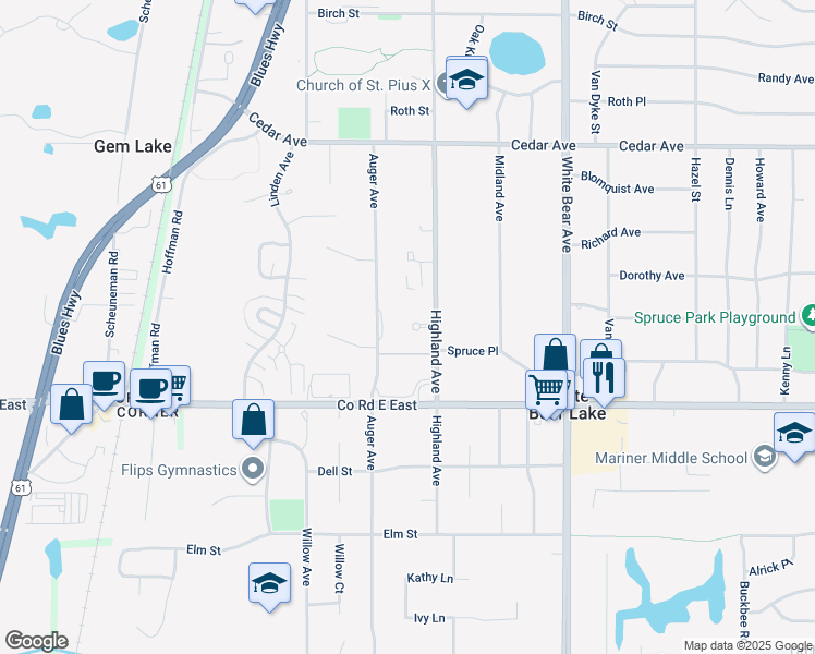 map of restaurants, bars, coffee shops, grocery stores, and more near 3675 Highland Avenue in White Bear Lake