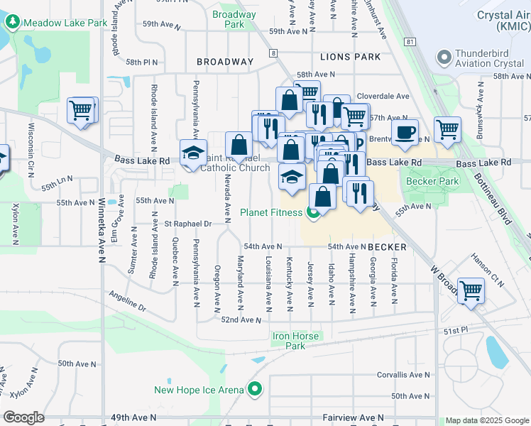 map of restaurants, bars, coffee shops, grocery stores, and more near 5437 Louisiana Avenue North in Minneapolis