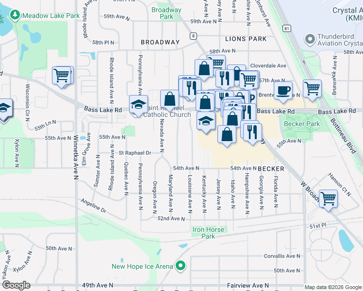 map of restaurants, bars, coffee shops, grocery stores, and more near 5437 Louisiana Avenue North in Minneapolis