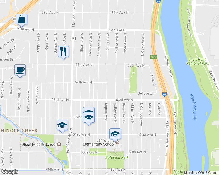 map of restaurants, bars, coffee shops, grocery stores, and more near 5336 Dupont Avenue North in Minneapolis