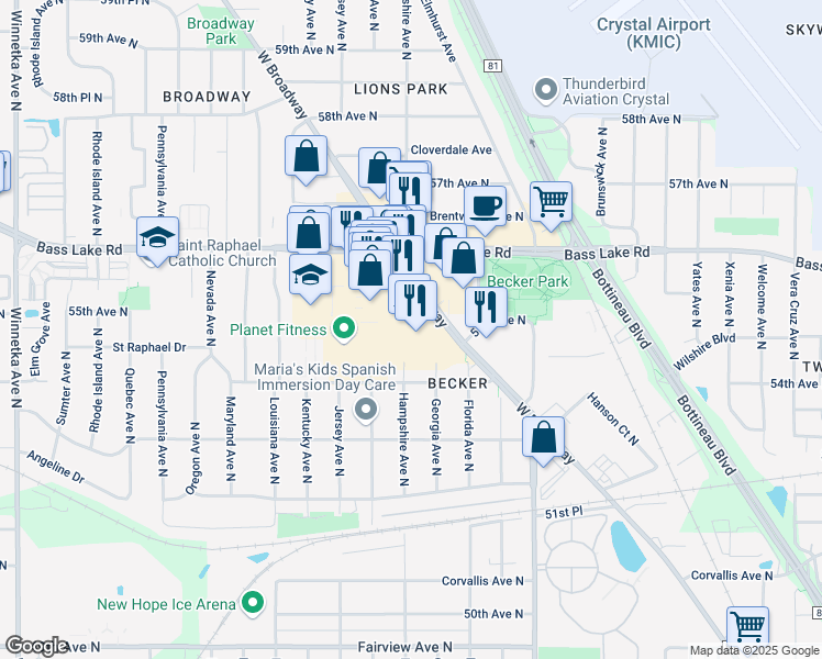 map of restaurants, bars, coffee shops, grocery stores, and more near 5537 West Broadway Avenue in Crystal