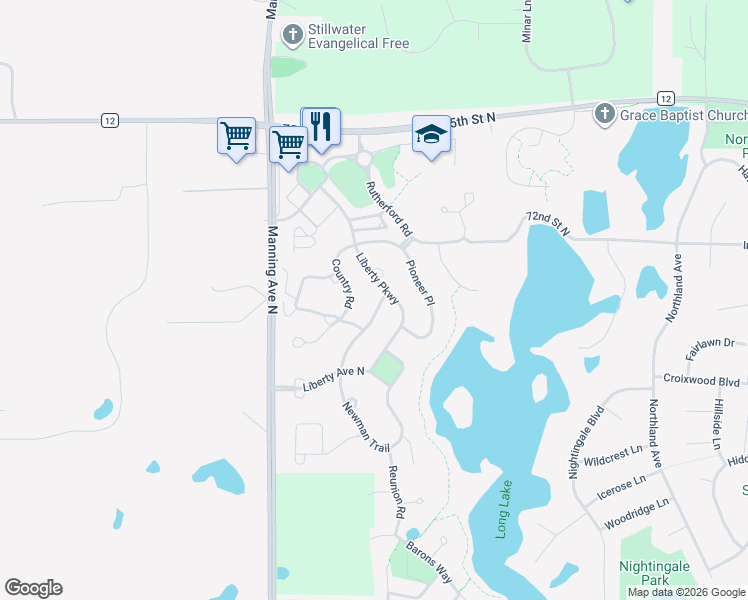 map of restaurants, bars, coffee shops, grocery stores, and more near 404 Homeward Way in Stillwater