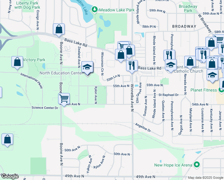 map of restaurants, bars, coffee shops, grocery stores, and more near 5430 Wisconsin Avenue North in Minneapolis