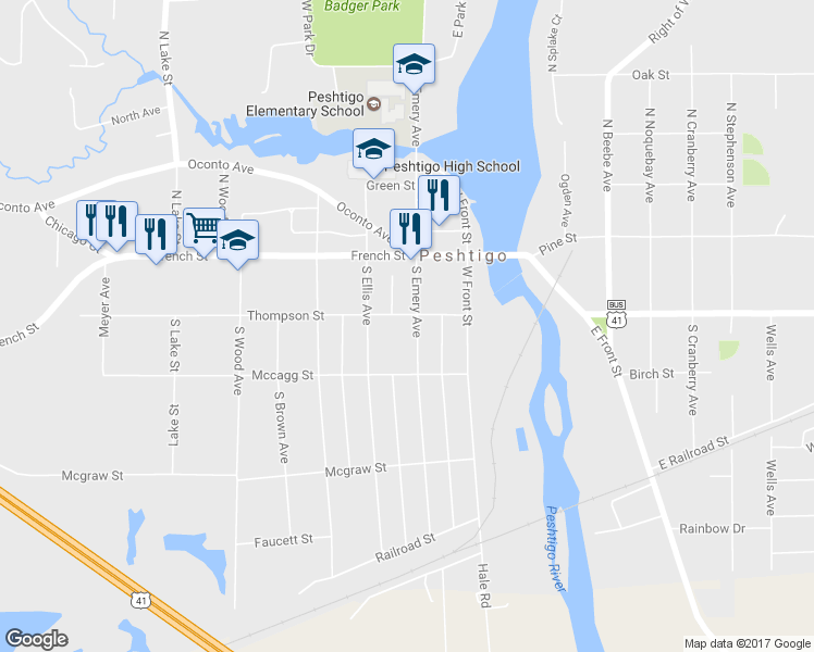 map of restaurants, bars, coffee shops, grocery stores, and more near 201 South Emery Avenue in Peshtigo