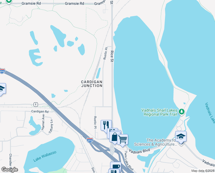 map of restaurants, bars, coffee shops, grocery stores, and more near 3678 Rustic Place in Shoreview