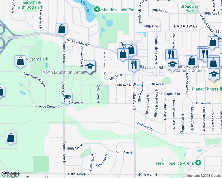 map of restaurants, bars, coffee shops, grocery stores, and more near 5430 Wisconsin Avenue North in Minneapolis