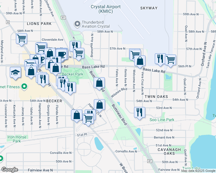 map of restaurants, bars, coffee shops, grocery stores, and more near 5510 Lakeland Avenue North in Minneapolis