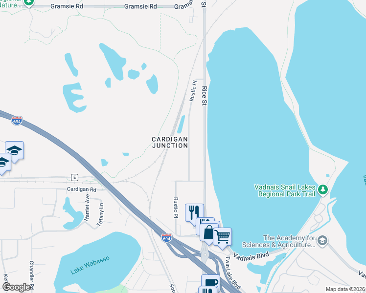 map of restaurants, bars, coffee shops, grocery stores, and more near 3681 Rustic Place in Shoreview