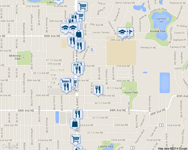map of restaurants, bars, coffee shops, grocery stores, and more near 4629 Polk Street Northeast in Minneapolis