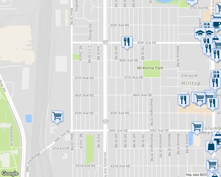 map of restaurants, bars, coffee shops, grocery stores, and more near 4621 University Avenue Northeast in Minneapolis