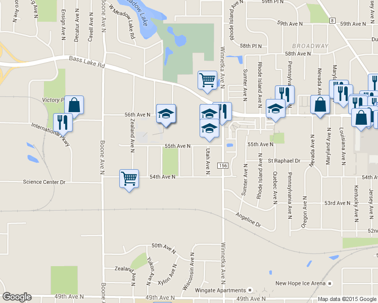 map of restaurants, bars, coffee shops, grocery stores, and more near 5430 Wisconsin Avenue North in Minneapolis