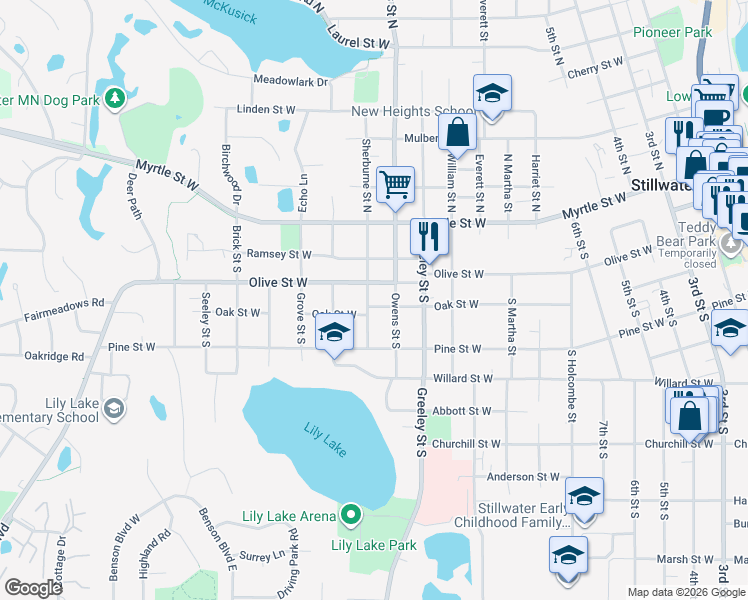 map of restaurants, bars, coffee shops, grocery stores, and more near 1118 Oak Street West in Stillwater