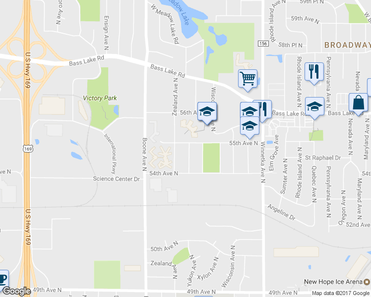 map of restaurants, bars, coffee shops, grocery stores, and more near 5431 Yukon Avenue North in Minneapolis