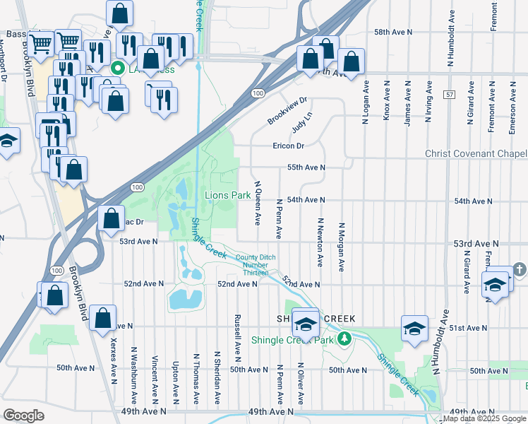 map of restaurants, bars, coffee shops, grocery stores, and more near 5340 North Queen Avenue in Brooklyn Center