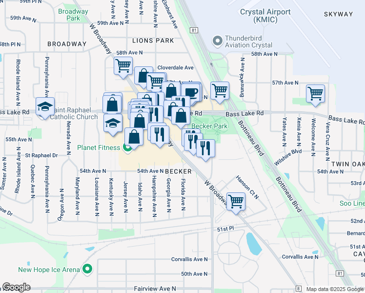 map of restaurants, bars, coffee shops, grocery stores, and more near 5500 West Broadway Avenue in Crystal