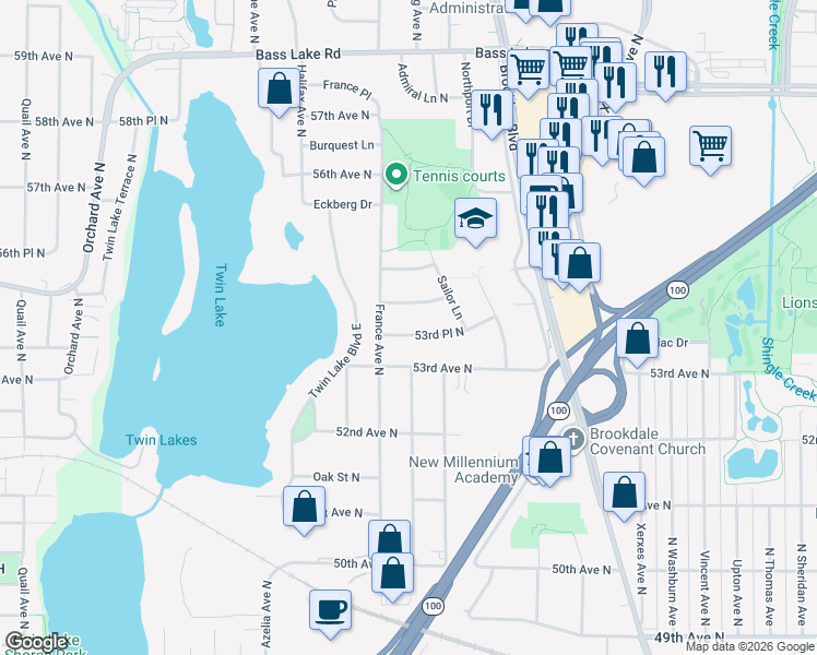 map of restaurants, bars, coffee shops, grocery stores, and more near 3700 53rd Place North in Minneapolis