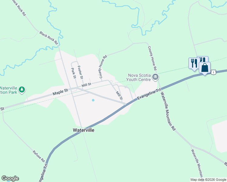 map of restaurants, bars, coffee shops, grocery stores, and more near 1296 Mill Street in Waterville