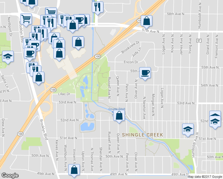 map of restaurants, bars, coffee shops, grocery stores, and more near 5332 Russell Avenue North in Brooklyn Center