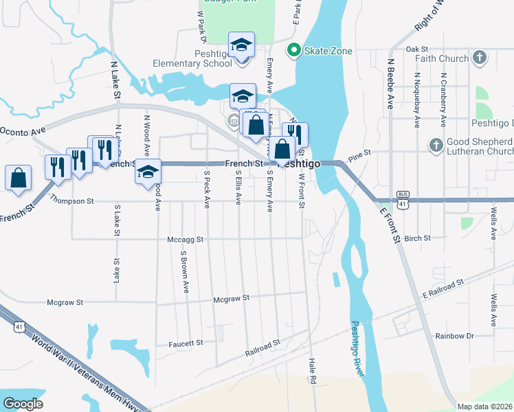 map of restaurants, bars, coffee shops, grocery stores, and more near 201 South Emery Avenue in Peshtigo
