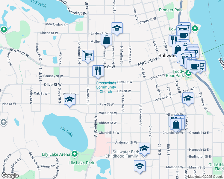 map of restaurants, bars, coffee shops, grocery stores, and more near 808 Oak Street West in Stillwater
