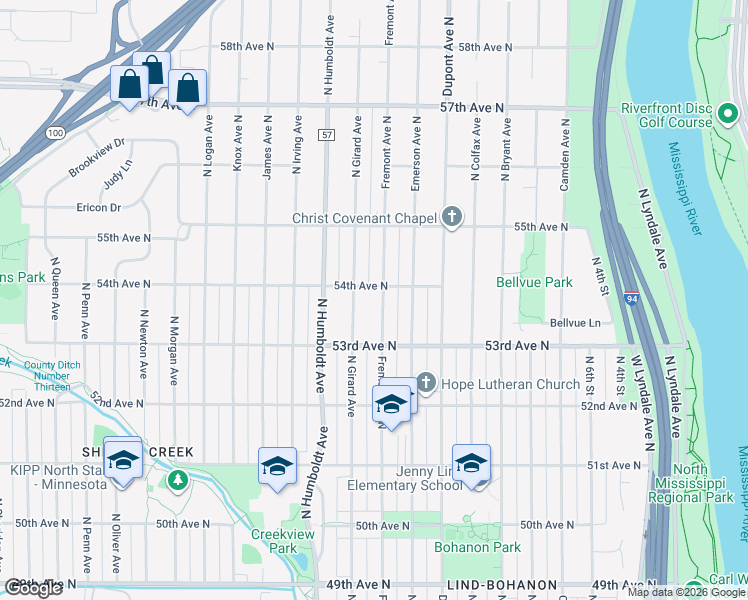 map of restaurants, bars, coffee shops, grocery stores, and more near 5339 Fremont Avenue North in Minneapolis