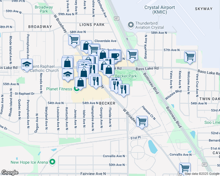 map of restaurants, bars, coffee shops, grocery stores, and more near 5500 West Broadway Avenue in Crystal