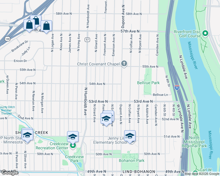 map of restaurants, bars, coffee shops, grocery stores, and more near 5351 North Emerson Avenue in Brooklyn Center