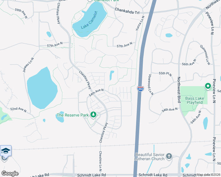 map of restaurants, bars, coffee shops, grocery stores, and more near 13848 54th Avenue North in Minneapolis
