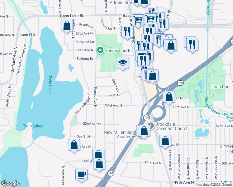map of restaurants, bars, coffee shops, grocery stores, and more near 5337 Sailor Lane in Brooklyn Center