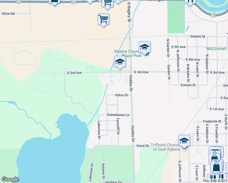 map of restaurants, bars, coffee shops, grocery stores, and more near 1064-1198 Hilton Drive in Alpena