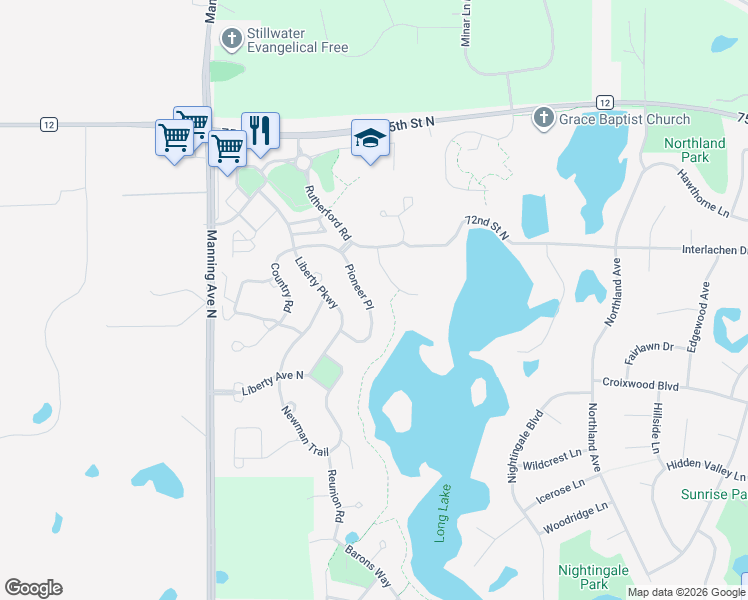 map of restaurants, bars, coffee shops, grocery stores, and more near 3359 Pioneer Place in Stillwater