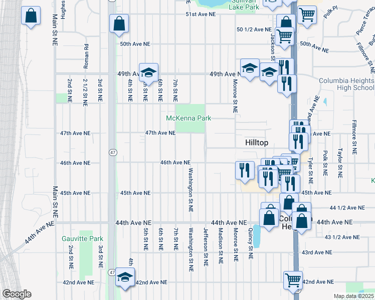 map of restaurants, bars, coffee shops, grocery stores, and more near 4626 Washington Street Northeast in Columbia Heights