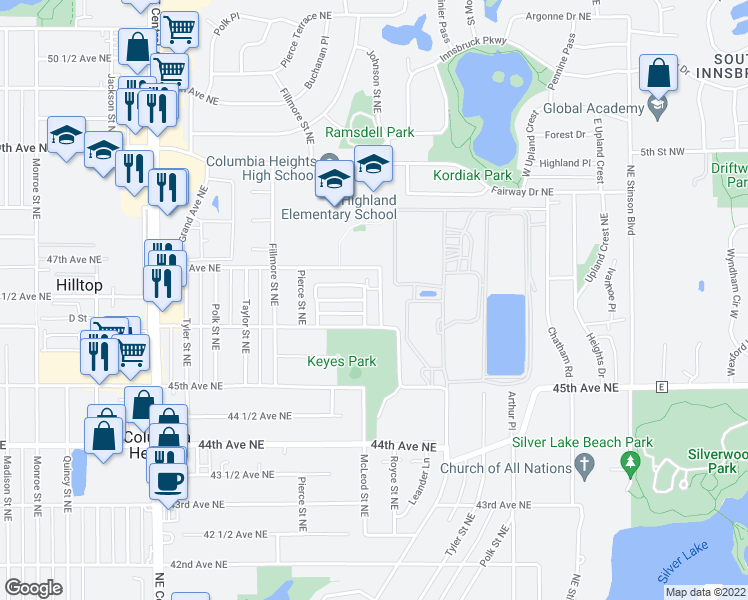 map of restaurants, bars, coffee shops, grocery stores, and more near 1448 Parkview Lane Northeast in Minneapolis