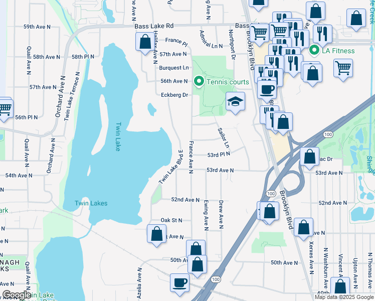 map of restaurants, bars, coffee shops, grocery stores, and more near 5325 France Avenue North in Minneapolis
