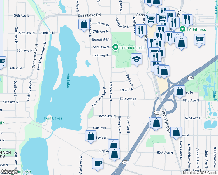 map of restaurants, bars, coffee shops, grocery stores, and more near 5325 France Avenue North in Minneapolis