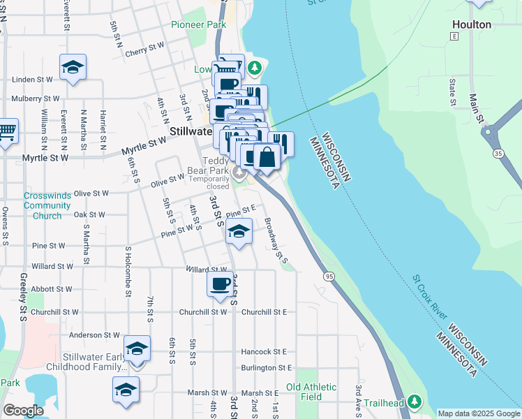 map of restaurants, bars, coffee shops, grocery stores, and more near 502 Broadway Street South in Stillwater