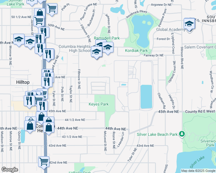 map of restaurants, bars, coffee shops, grocery stores, and more near 1448 Parkview Lane Northeast in Minneapolis