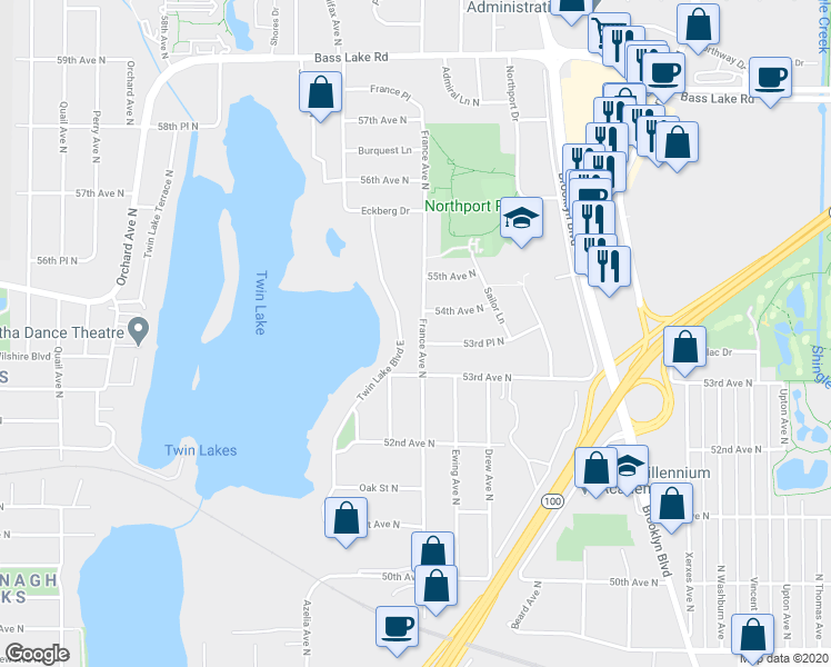 map of restaurants, bars, coffee shops, grocery stores, and more near 5325 France Avenue North in Minneapolis