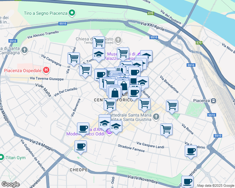 map of restaurants, bars, coffee shops, grocery stores, and more near 9 Viale Palmerio Raimondo in Piacenza
