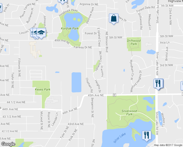 map of restaurants, bars, coffee shops, grocery stores, and more near 4624 Heights Drive in Minneapolis
