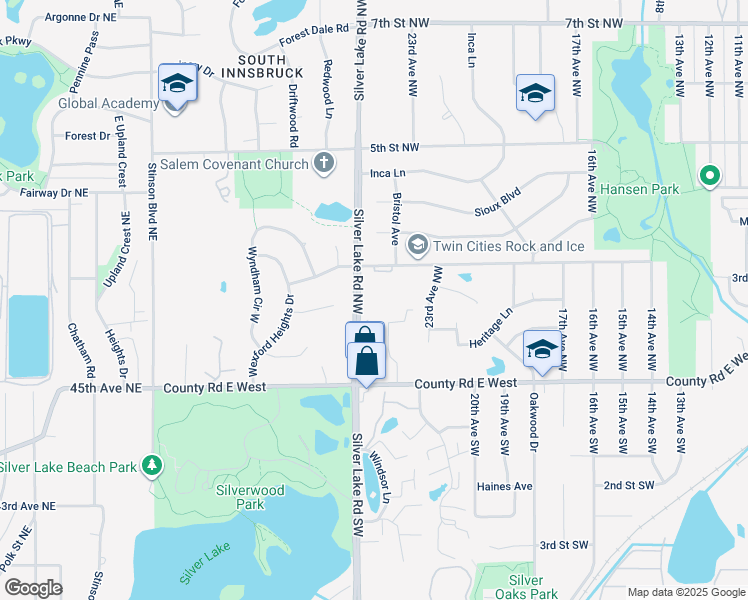 map of restaurants, bars, coffee shops, grocery stores, and more near 265 Silver Lake Road Northwest in New Brighton