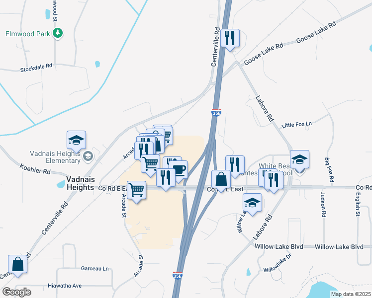 map of restaurants, bars, coffee shops, grocery stores, and more near 975 County Road E East in Vadnais Heights
