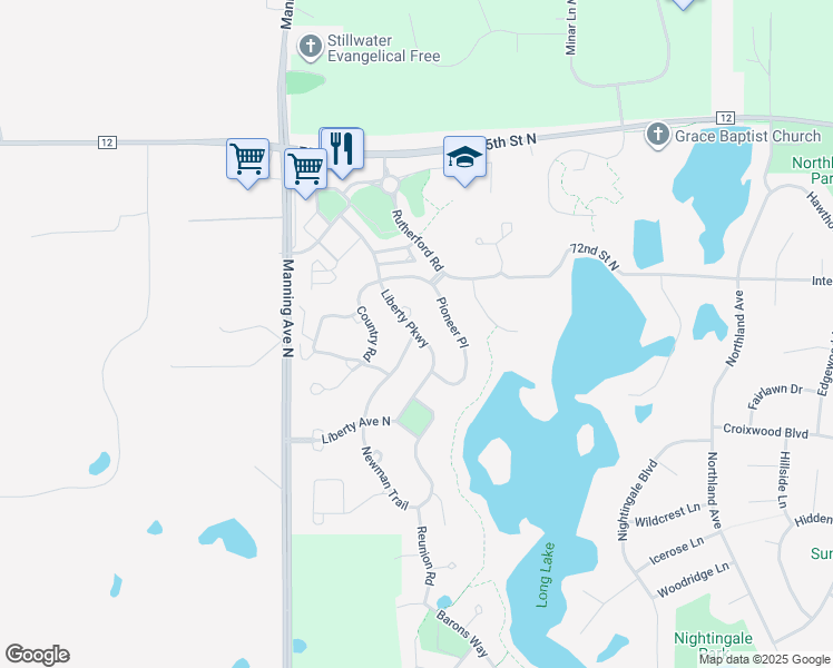 map of restaurants, bars, coffee shops, grocery stores, and more near 3335 Liberty Parkway in Stillwater