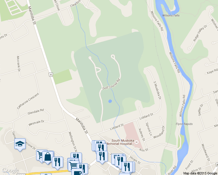 map of restaurants, bars, coffee shops, grocery stores, and more near Golf Course Road in Bracebridge