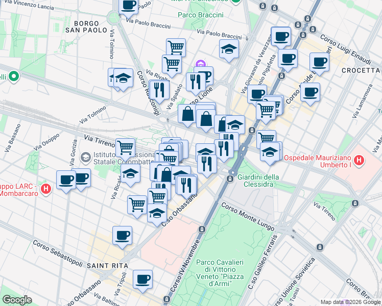 map of restaurants, bars, coffee shops, grocery stores, and more near 24 Corso Adriatico in Torino