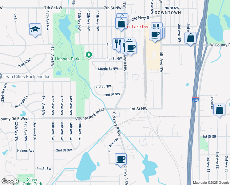 map of restaurants, bars, coffee shops, grocery stores, and more near 889 2nd Street Northwest in New Brighton