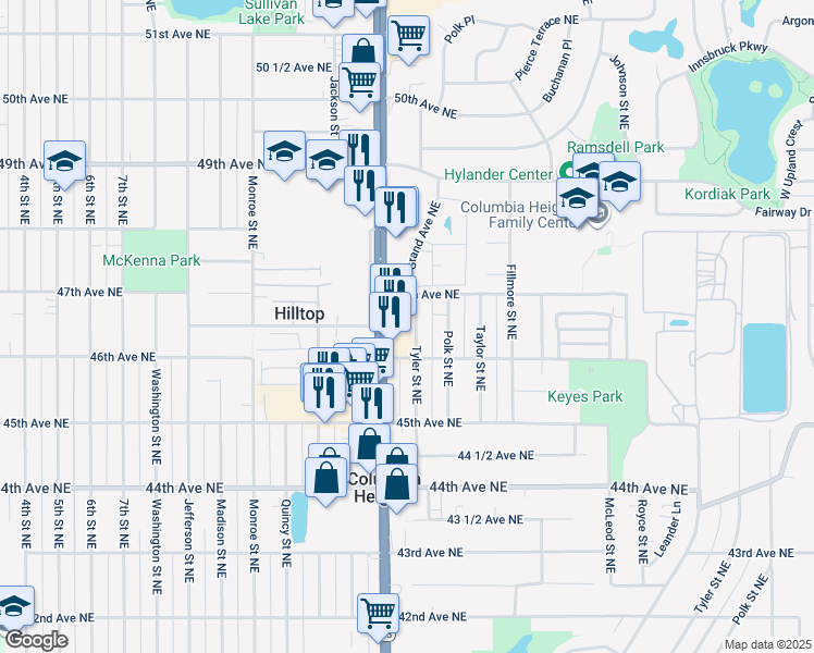 map of restaurants, bars, coffee shops, grocery stores, and more near 4619 Tyler Street Northeast in Minneapolis