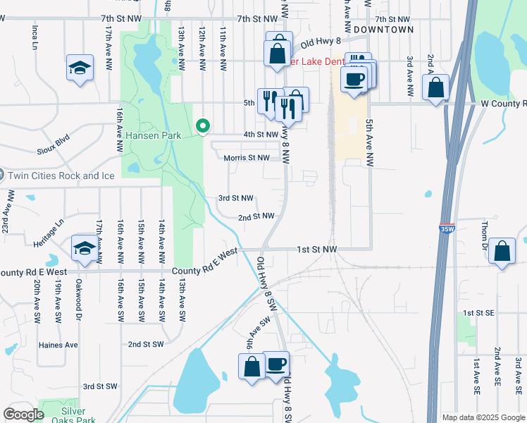 map of restaurants, bars, coffee shops, grocery stores, and more near 889 2nd Street Northwest in New Brighton