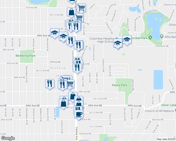 map of restaurants, bars, coffee shops, grocery stores, and more near 4628 Polk Street Northeast in Columbia Heights