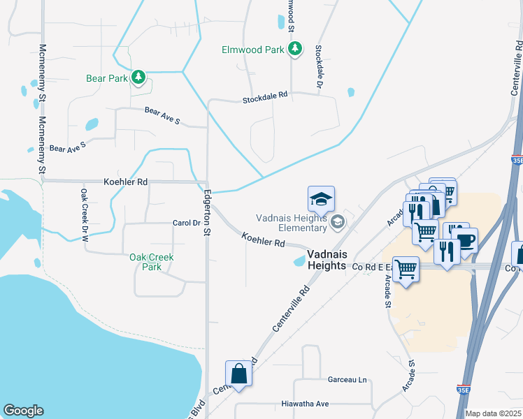 map of restaurants, bars, coffee shops, grocery stores, and more near 675 Koehler Road in Vadnais Heights